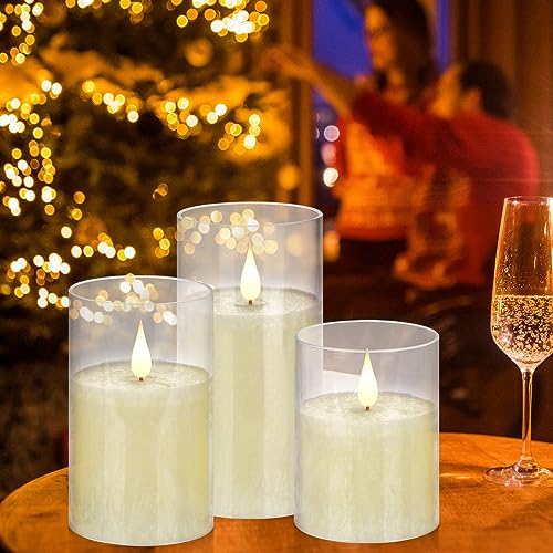 Flameless Flickering Remote Control Candle, Glass Pillar Candle,3 Pack (D:3"×H:4" 5" 6") LED 3D Flame Romantic Candle,Battery Operated Real Wax, Ideal for Wedding, Home Decor Holiday (Ivory) - color: H13# Ivory 3pack Glass