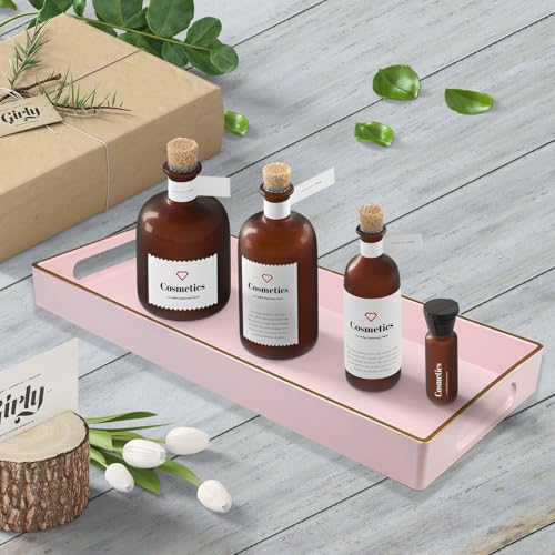Pink Vanity Tray with Handles, Decorative Tray Desktop Storage Organizer for Bathroom, Living Room, 5.9"*13.7" - color: T1535p