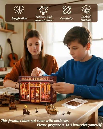 Book Nook Kit, DIY Miniature Music Workshop-Themed, 3D Wooden Puzzle Dollhouse with LED Lights, Bookend & Creative Bookshelf Decor, Craft Gifts for Family and Friends & Music Lovers (Bach Strings) - style: Bach String