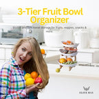 3-Tier Ceramic Fruit Bowl With Stand – Bamboo Countertop Large White Trays | Space-Saving Tiered Fruit Holder for Kitchen & Home Décor | Compact 15×35cm Design with Modern Aesthetic