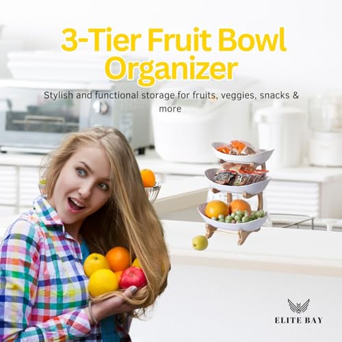 3-Tier Ceramic Fruit Bowl With Stand – Bamboo Countertop Large White Trays | Space-Saving Tiered Fruit Holder for Kitchen & Home Décor | Compact 15×35cm Design with Modern Aesthetic