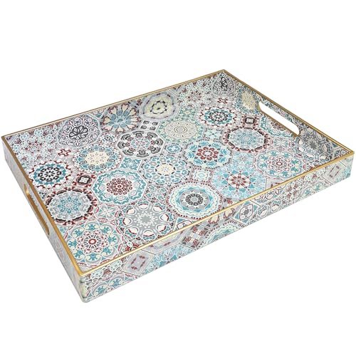 Spsyrine Decorative Serving Tray with Handles, Lacquered Coffee Table Tray for Ottoman, Rectangular Waterproof Platters for Centerpieces, Parties, Living Room, Kitchen Counter Organization SP3040RE2 - color: Sp3040re2, size: 16" x 12" x 1.6"