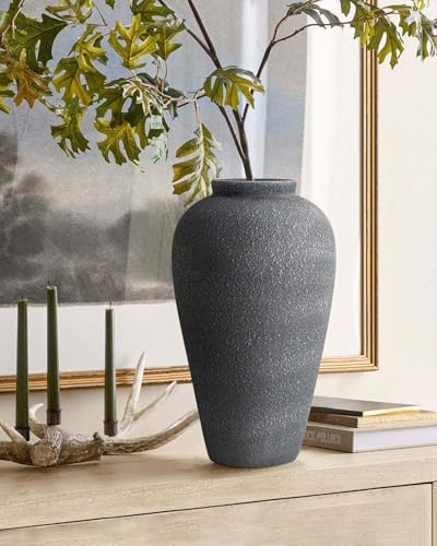 Large Ceramic Flower Vase 11 Inches, YBX Black Rustic Ceramic Vase, Decorative Farmhouse Tall Vase for Home Decor, Living Room, Bedroom, Centerpieces, Console, Wedding, Table Decorations, Black - color: Rustic Black-11"