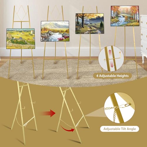 57.1" Gold Easel Stand for Sign, 4 Tier Height Adjustable Large Metal Display Easel for Wedding, Art, Paintings, Posters, Pictures, Floor Décor with Storage Bag, Assembly Needed