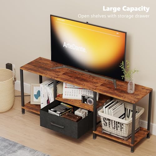 JARHETUN TV Stand with LED Lights, Entertainment Center with Open Shelves and Fabric Drawer, Media Console for 55 Inch TV, Television Stands, Living Room Furniture, Bedroom, Rustic Brown - color: Rustic Brown With Led Light, size: 46.1 Inches