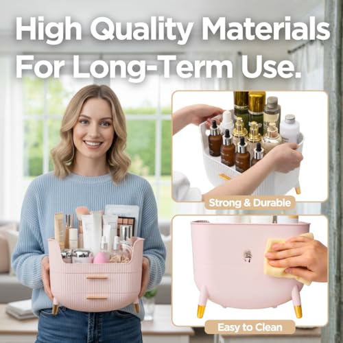 HALAFE Makeup Organizer with Drawers, Skincare Storage Box for Vanity, Multiple Compartments, Portable Cosmetic Display Case with Handle, Large Make up Organizers for Dresser, Bathroom, Bedroom, Pink - color: Pink