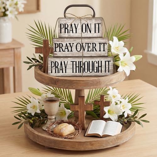 Yuntau 4 Pcs Farmhouse Wooden Tabletop Decor Bible Verse Tiered Tray Decorations Rustic Religious Christian Gift Block Sign Pray on It Centerpiece for Easter Home Kitchen Shelf Office Desk Decor - style: Pray