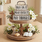 Yuntau 4 Pcs Farmhouse Wooden Tabletop Decor Bible Verse Tiered Tray Decorations Rustic Religious Christian Gift Block Sign Pray on It Centerpiece for Easter Home Kitchen Shelf Office Desk Decor - style: Pray