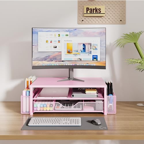 OPNICE Desk Organizers and Accessories, 2-Tier Computer Monitor Stand Riser with Drawer and 2 Pen Holders, Laptop Stand, Office Desk Accessories & Office Decor for Women, Pink - color: Pink 1-Pack