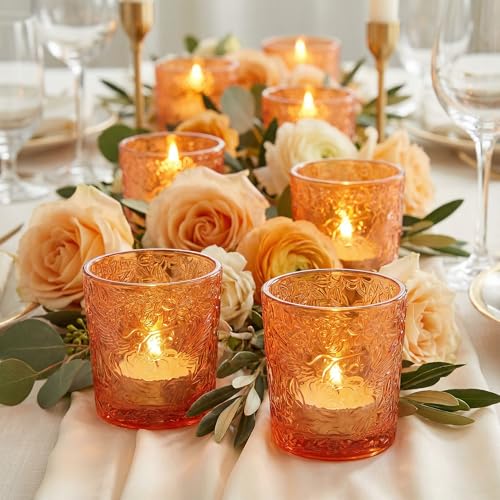 12 Pack Hummingbird Embossed Glass Candle Holders – Votive Tealight Holders with Patent Design, Decorative Embossed Glass Cups for Wedding Centerpieces, Parties, and Home Décor (Pumpkin Spice) - color: Pumpkin Spice