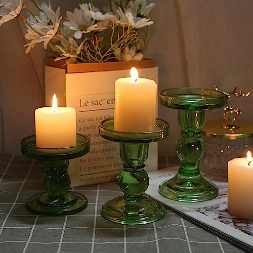 6-Piece Set of Green Glass Candlestick, Crystal Candlestick Holder Holder and Conical Candle, Christmas Candle Holder Decoration, Family Living Room Wedding Candle Holder (green2sets) - color: Green2sets