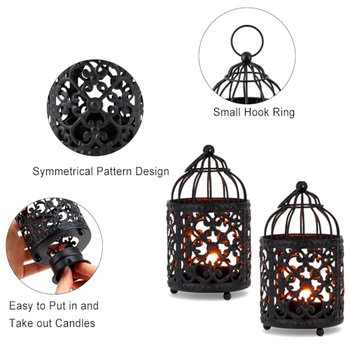 JHY DESIGN 6 Pcs 5.5 inch Height Small Metal Candle Stick Holder Hanging Birdcage Tealight Lantern Hollow Candle Holders for Table Valentine Patio Indoor Outdoor Gifts(Black) - color: Black