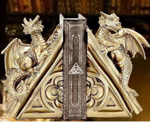 Bellaa 21503 Golden Dragon Bookends Vintage Fierce Gothic Medieval Castle Statues Sculpture Monster Book Ends Support Shelf Non Skid Heavy Duty 8 inch - color: Gold