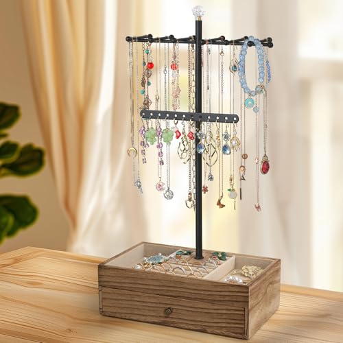 Meangood Jewelry Organizer Stand, 3-Tier Necklace Holder Jewelry Tree with Wooden Storage Drawer Box for Necklace Bracelet Earring Ring, Carbonized Black - color: Carbonized Black