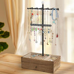 Meangood Jewelry Organizer Stand, 3-Tier Necklace Holder Jewelry Tree with Wooden Storage Drawer Box for Necklace Bracelet Earring Ring, Carbonized Black - color: Carbonized Black