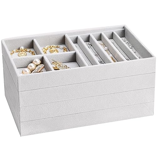 ProCase Stackable Jewelry Organizer Trays for Drawers, Jewelry Drawer Inserts Container Display Case Storage for Earring Necklace Rings Bracelet with Removable Dividers -Grey, 4 Layers - color: Grey, size: 4 Layers
