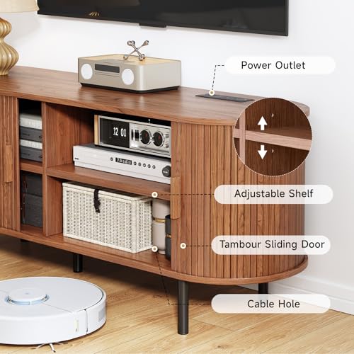 55" TV Stand with Power Outlet, Mid-Century Modern Television Stand, Fluted Media Console with Sliding Doors, Entertainment Center for TVs up to 60 Inch, Adjustable Shelves, Walnut - color: Walnut, size: 55 Inch