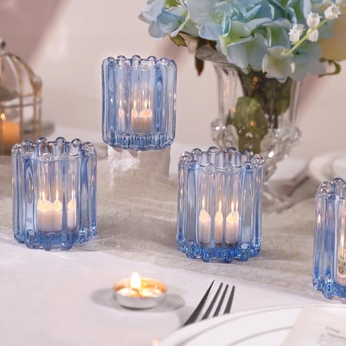 HAVITI Glass Blue Votive Candle Holder, Ribbed Votive Candle Holders Set of 12, Tealight Candle Holder for Wedding Centerpieces Dinner Party Table Decor - color: Blue