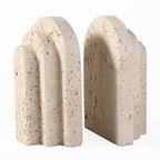 Natural Marble Book Ends - Heavy Duty Bookends for Shelves - Aesthetic Layered Arch Design Stone Book Holders, Unique Modern Office Bookshelf Stopper Decor for Books/CDs(Travertino Turkey) - style: Arched-Beige