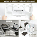 Book Ends with Pen Holder - Adjustable Bookends for Shelves - Desktop Organizer to Hold Books - Office Book Ends Storage Rack Adjustable to 19in for Students, Offices, Study Rooms - Space Saving