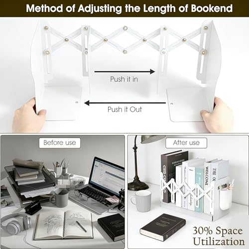 Book Ends with Pen Holder - Adjustable Bookends for Shelves - Desktop Organizer to Hold Books - Office Book Ends Storage Rack Adjustable to 19in for Students, Offices, Study Rooms - Space Saving