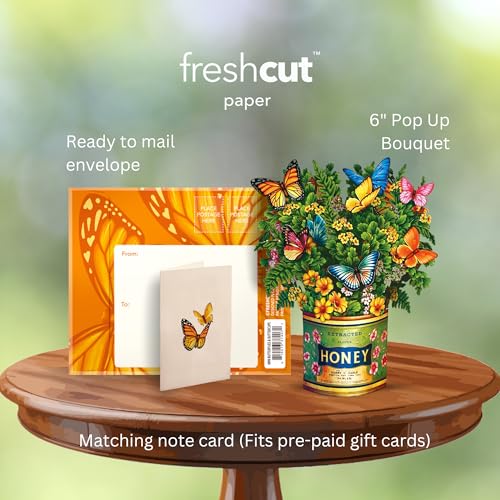 Freshcut Paper Pop Up Cards, Mini Buttercups & Butterflies, 6 Inch Life Sized Forever Flower Bouquet 3D Popup Greeting Card, Birthday Cards, Thank You Card, Blank Notecard & Envelope - color: Butterflies & Buttercups, size: Mini