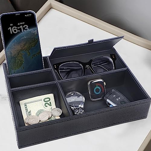Zcaukya Men's Valet Tray, Jewelry Box Nightstand Organizer with 5 Compartments for Phone Keys Wallet Watch Glasses, Faux Leather Dresser Entryway Catchall Holder for Father's Day Gift (Black) - color: Black