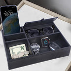 Zcaukya Men's Valet Tray, Jewelry Box Nightstand Organizer with 5 Compartments for Phone Keys Wallet Watch Glasses, Faux Leather Dresser Entryway Catchall Holder for Father's Day Gift (Black) - color: Black