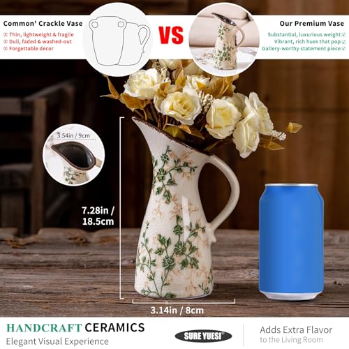 for Mom from Daughter or Son, SURE YUESI 7.3” Green Handcrafted Ceramic Pitcher Vase, Vintage Pastoral Floral Vase, Farmhouse Chinoiserie Tuscan Cottage Core Rustic Table Centerpiece - color: 14-green and Beige