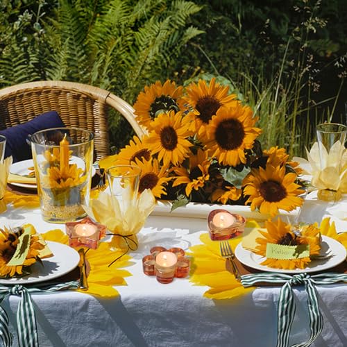 Votive Candle Holders Set of 12 for Table Centerpiece（3 Sizes,Heart/Flower/Star,Amber Glass Tea Light Candle Holders Bulk for Birthday Party,Wedding,Fall Home Decor, Festival Decorative(Amber) - color: Amber