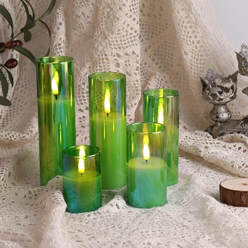 Eywamage Green Glass Flameless Candles with Remote Batteries, LED Pillar Candles Flickering Spring Home Decor Set of 5 - color: Green