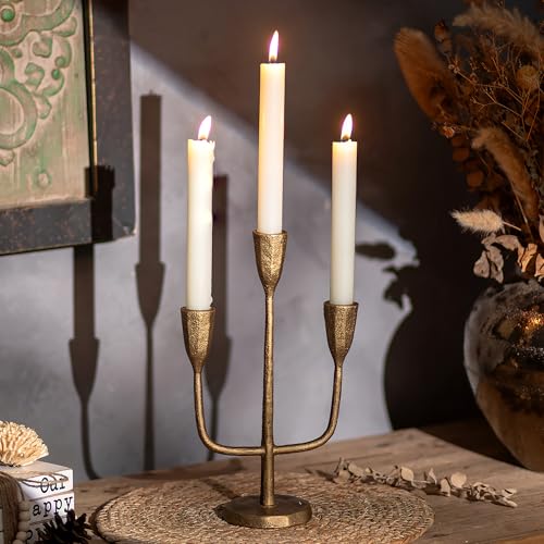 Cast Iron Gold Candelabra: 10.4 Inch Tall Vintage Taper Candle Holders 3 Arms Brass Candlestick Holders Antique Candelabra Centerpieces for Tables Fireplace Living Room Decor Set of 1