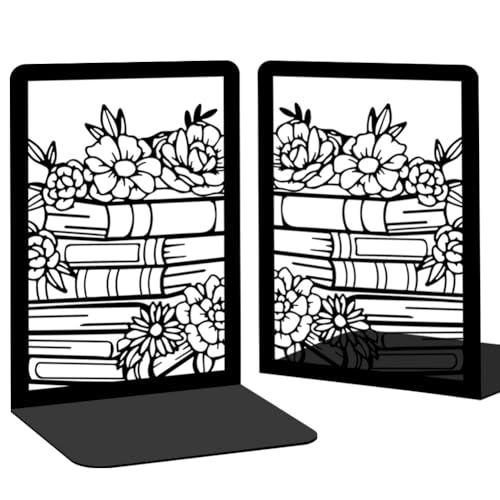 Flowers and Books Thickening Iron Metal Bookends for Shelves, Literary Flavor Book Ends Decorative Books for Home and Office Book Display, Desk Organizer Bookend for Library Decor - style: Flower