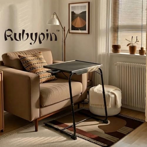 Rubypin Multifunctional TV Tray Table – Adjustable Dinner Folding Table for Bed & Sofa with Cup Holder, 6 Height Settings & 3 Tilt Angles (Black)