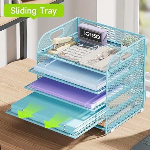 Cawukege 5 Tier Paper Organizer with Handle, Blue Metal Mesh Desk Organizer File Folder Paper Letter Tray Desktop Document Sorter for Classroom, School, Office Accessories Organization and Storage - color: Blue