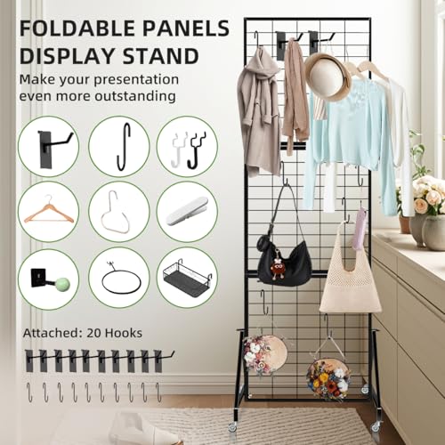 Heavy Duty Foldable Grid Wall Panels Display Stand 6FT x 2FT, 1-Pack Grid Panel Wire Grid Display Rack with Braked Wheels & 20 Hooks, No Tools Setup Gridwall for Art Fairs, Craft Shows & Home Storage
