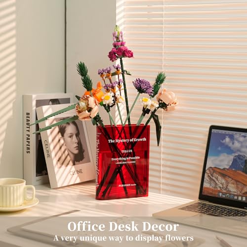 Puransen Red Book-Shaped Vase for Flowers - Aesthetic Room Decor for Modern Home/Office, Minimalist Shelf Organizer with Floral Display, for Book Lovers & Interior Design Enthusiasts - color: Transparent Red