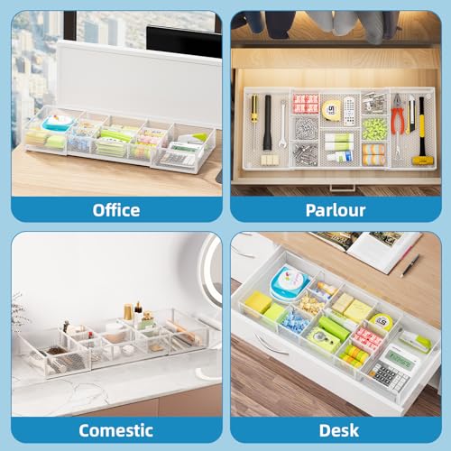 Marbrasse Expandable Desk Drawer Organizer, Mesh Drawer Organizer Tray with 10 Adjustable Compartments, Desk Organizers and Accessories for Office Supplies (Longer Expandable Drawer Organizer-W) - color: Longer Expandable Drawer Organizer-W
