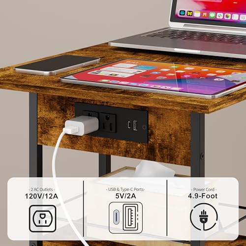 Rolling C-Shaped Side Table with Charging Station, Night Stand with Type-C & USB Port and Outlet for Bedroom, Spacious Coffee Table with Wheels for Living Room, Home Office, Small Space(Large Desktop) - color: Black, size: X-Large (With Charging)