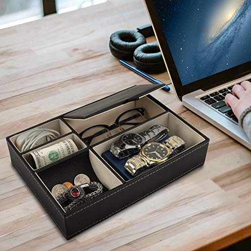 Baoyun Mens Valet Tray Organizer, Mens Jewelry Box, Nightstand Organizer for Men with 5 compartments, Faux Leather Key Tray for Entryway Table, Bedside Storage for Watch, Coin, Phone Gifts for Men - color: 1-Black