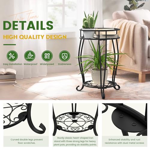 TOSKING 2-Tier & 9.1'' Single Metal Plant Stand Set – Single Stand with Adjustable Leveling Feet, Rustproof Heavy Duty Flower Pot Holder for Indoor/Outdoor, Stable Multiple Plant Rack for Balcony Garden Patio Living Room Bedroom, Black - size: 2Tier-19.5'
