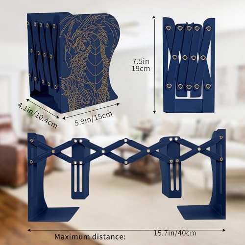 Dragon Bookends, Adjustable Bookends, Unique Book Holders for Shelves, Metal Book Ends for Heavy Books, Non-Skid Book Stander for Desk, Shelf, Office, Stationery Gift (Blue 2) - color: Blue 2