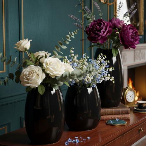 hjn Ceramic Vase Set of 3 Black Flower Vase for Home Decor, Modern Decorative Vase for Flowers/Ideal Shelf Decor/Table/Living Room/Kitchen/Office-Black - color: Black
