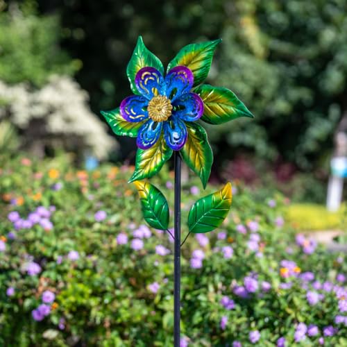 Wind Spinners Outdoor,13'' Dia Metal Flower Pinwheels,Waterproof Wind Sculpture with Metal Stake,Wind Spinner for Outdoor Patio Decor - size: 13‘’Green Flower