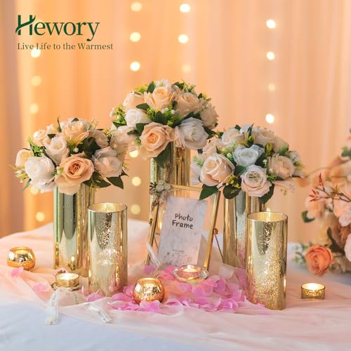 Glass Cylinder Vases Set of 24, Hewory Glittery Gold Vase for Centerpieces, Glass Hurricane Candle Holders for Pillar Floating Candle, Tall Round Vase for Wedding Anniversary Events Home Table Decor - color: Gold