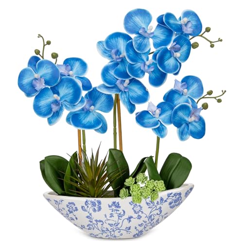 Briful Blue Orchid Fake Flowers 17in Artificial Orchid Silk Flowers in Blue and White Vase Faux Orchid Arrangement for Home Office Bathroom Table Shelf Modern Decoration - color: Blue and White Porcelain Vase