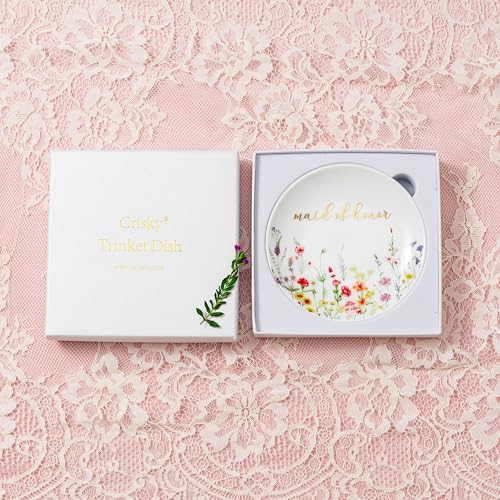 Crisky Jewelry Ring Dish for Maid of Honor Gifts from the Bride, Personalized Bridesmaid Proposal Gifts Idea Trinket Tray - style: Wedding Maid of Honor