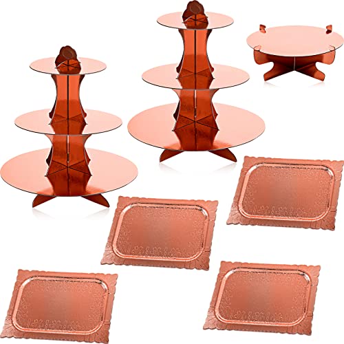 Zopeal 7 Pcs Dessert Table Display Set 3-Tier Cupcake Stand 1-Tier Cup Cake Display Tower Platters and Serving Trays Cardboard Cake Cookie Holders for Wedding Birthday Party Baby Shower(Rose Gold) - color: Rose Gold