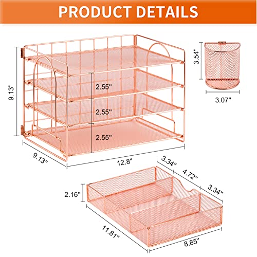 Lavatino 4-Tier Desk Paper Letter Tray Organizer for Desk Accessories & Workspace Organizers with Drawer and 2 Pen Holder for Home, School, Office Supplies Storage (Rose Gold) - color: 4 Tier - Rose Gold