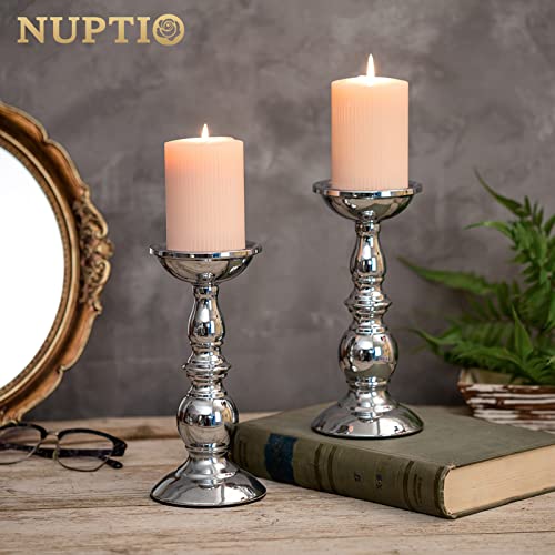 Nuptio Silver Pillar Candle Holders, Wedding Centerpieces Metal Candle Holder for 3 inches Candles Stand Decoration Ideal for Weddings Special Events Parties Living Room, 2 Pcs - color: Silver, size: L + L